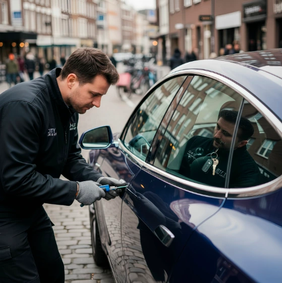 A roadside assistance technician using a tool to unlock the door of a dark blue car, illustrating CBI's 24/7 Roadside Assistance for vehicle lockouts.