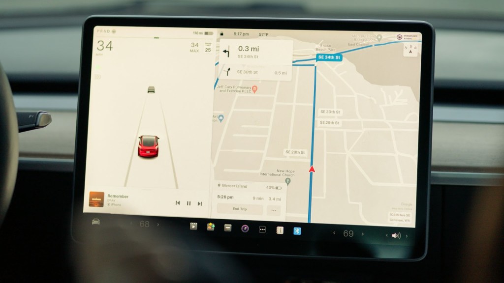 Tesla route planner screenshot showing a Bay Area map with a blue route.