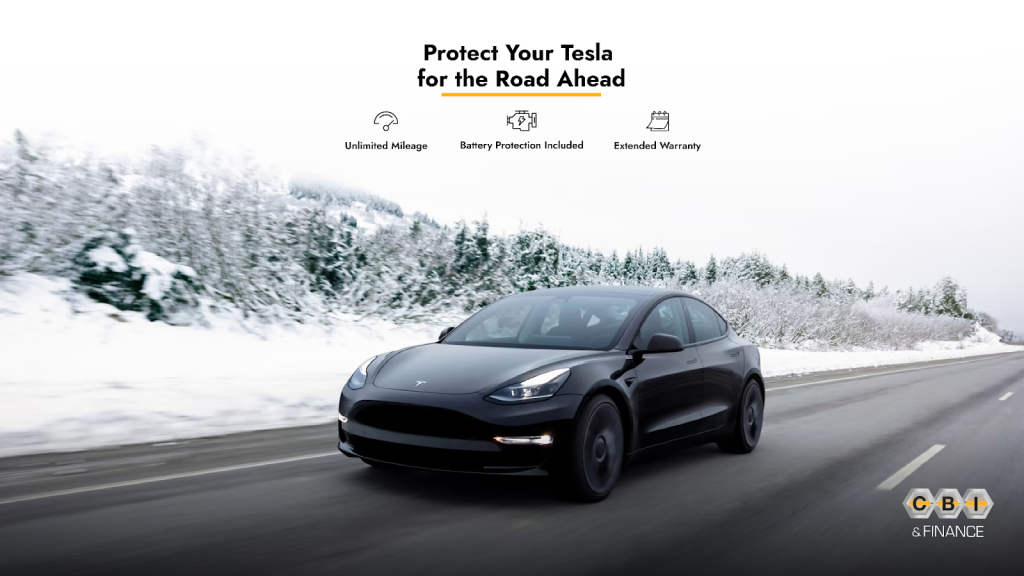 A black Tesla drives down a snowy road under the headline “Protect Your Tesla for the Road Ahead,” highlighting Unlimited Mileage, Battery Protection, and Extended Warranty. CBI & FINANCE